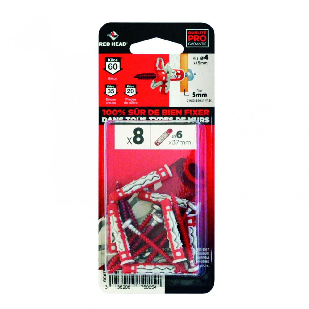 Lot de 8 chevilles et vis couleur RED HEAD, Diam.6 mm x L.37 mm