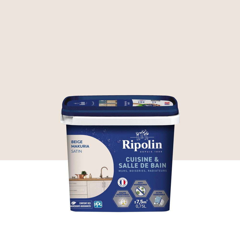 Peinture mur, RIPOLIN cuisine et bain, 0.75 litre, beige makuria satin