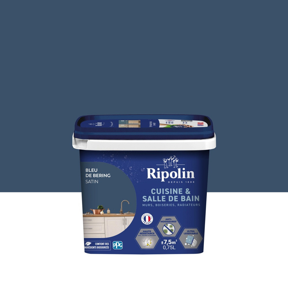 Peinture mur, RIPOLIN, cuisine et bain, 0.75 litre, bleu de bering satin