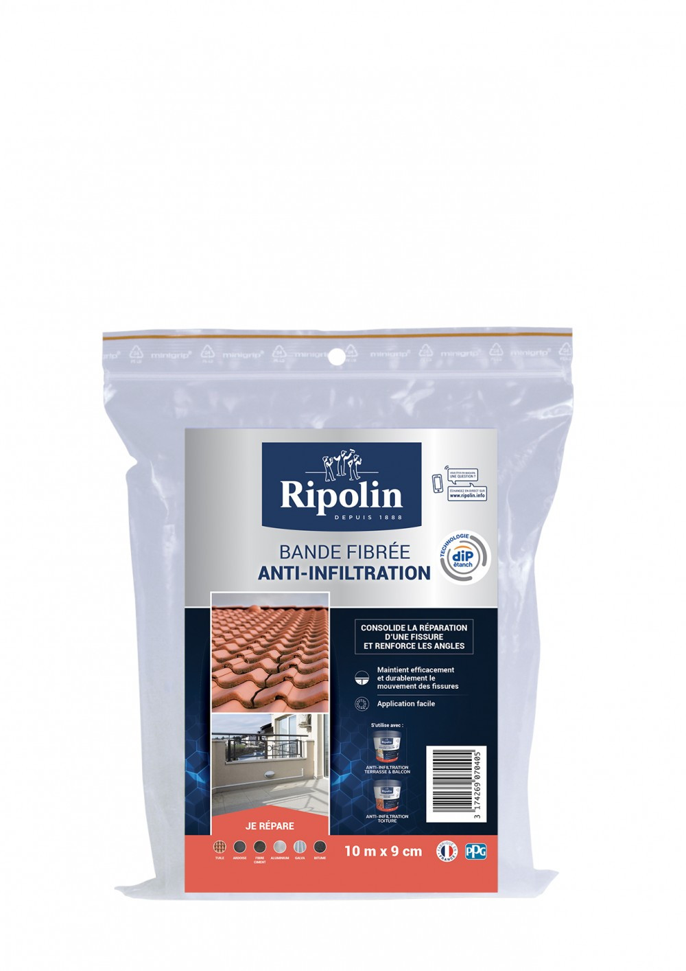 Revêtement d'étanchéité toiture, RIPOLIN Bande fibrée blanc 10M x 9cm