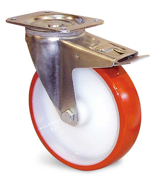 Roulette polyuréthane corps polyamide rouge à platine pivotante + frein D 100 mm GUITEL HERVIEU EP4BD100-28L