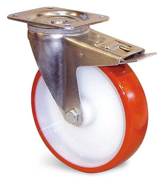 Roulette polyuréthane rouge à platine pivotante + frein D 200 mm GUITEL HERVIEU EP5BD200-28L
