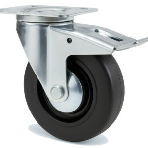 Roulette Portroll et Manuroll caoutchouc noir à platine pivotante + frein 125 mm GUITEL HERVIEU 601064