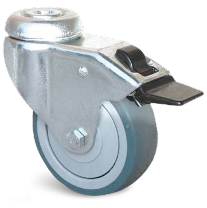 Roulette Uniroll caoutchouc grise à trou central pivotante + frein 125 mm GUITEL HERVIEU 13922