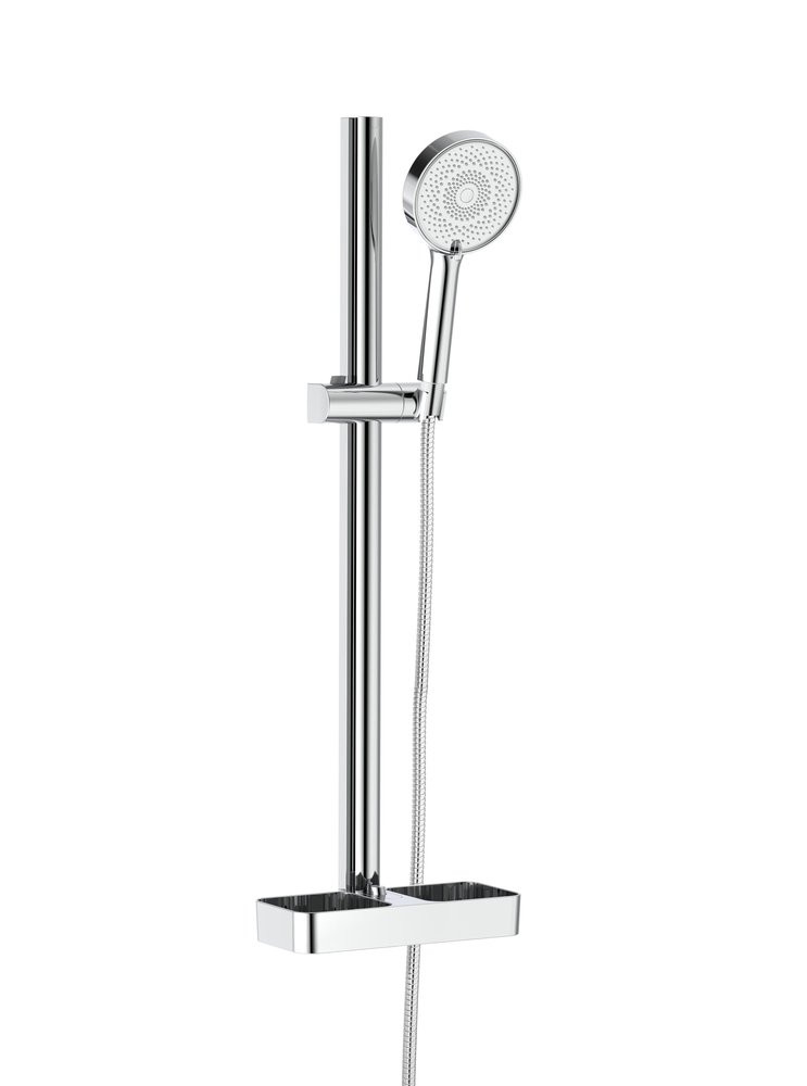 Pommeau de douche 3 jets, flexible, barre et tablette chrome, MTK