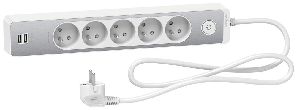 Multiprise filaire 5 prises + 2 usb 1.5m, SCHNEIDER ELECTRIC, blanc / aluminium