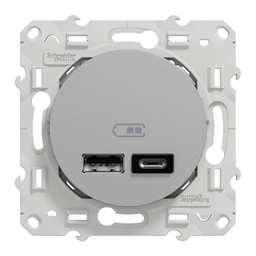 Prise chargeur double usb A+C 12W à assembler Odace, SCHNEIDER ELECTRIC, aluminium