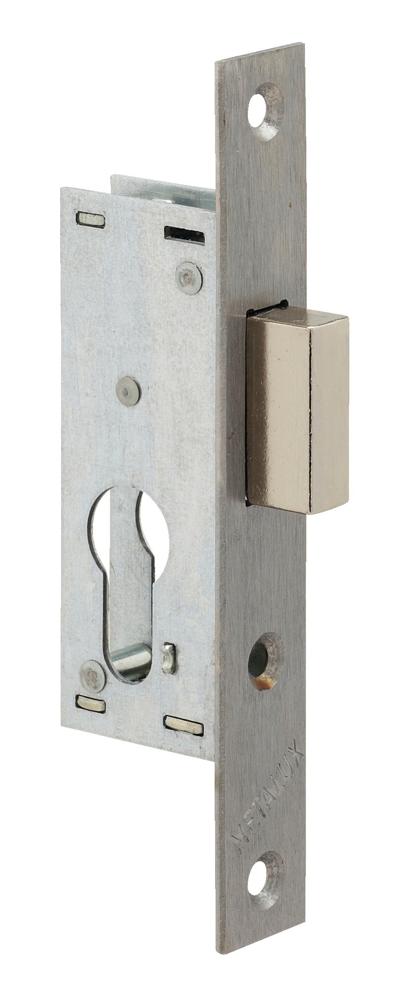 Serrure monopoint à larder profil étroit pêne dormant seul petit coffre Série 14 largeur 21 mm METALUX F114210000