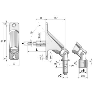 Sortie 90° tringle acier carré 8 x 430 mm + platine zamac 85 x 22 mm nickelé CHERUBINI 78408043V13NKM