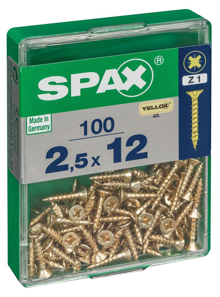 Lot de 100 vis acier tête fraisée pozidriv SPAX, Diam.2.5 mm x L.12 mm