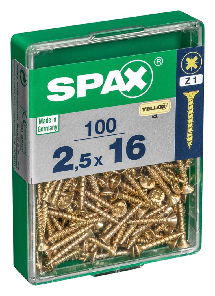 Lot de 100 vis acier tête fraisée pozidriv SPAX, Diam.2.5 mm x L.16 mm
