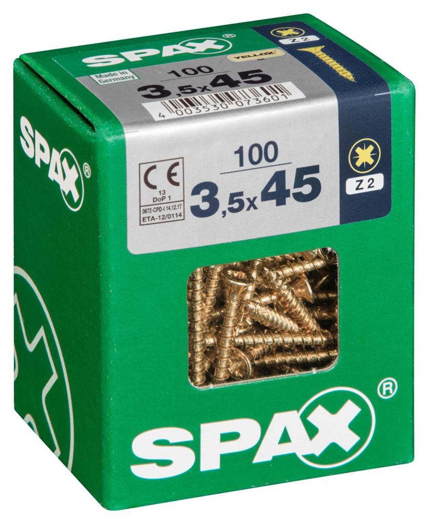 Lot de 100 vis acier tête fraisée pozidriv SPAX, Diam.3.5 mm x L.45 mm