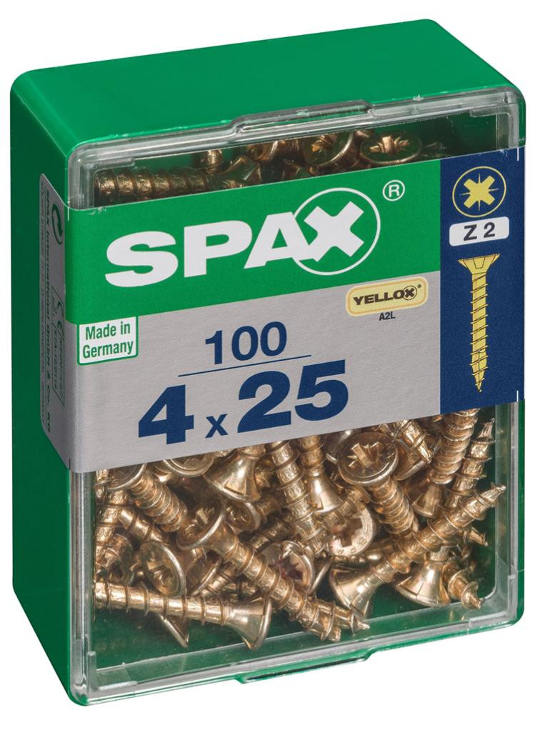 Lot de 100 vis acier tête fraisée pozidriv SPAX, Diam.4 mm x L.25 mm
