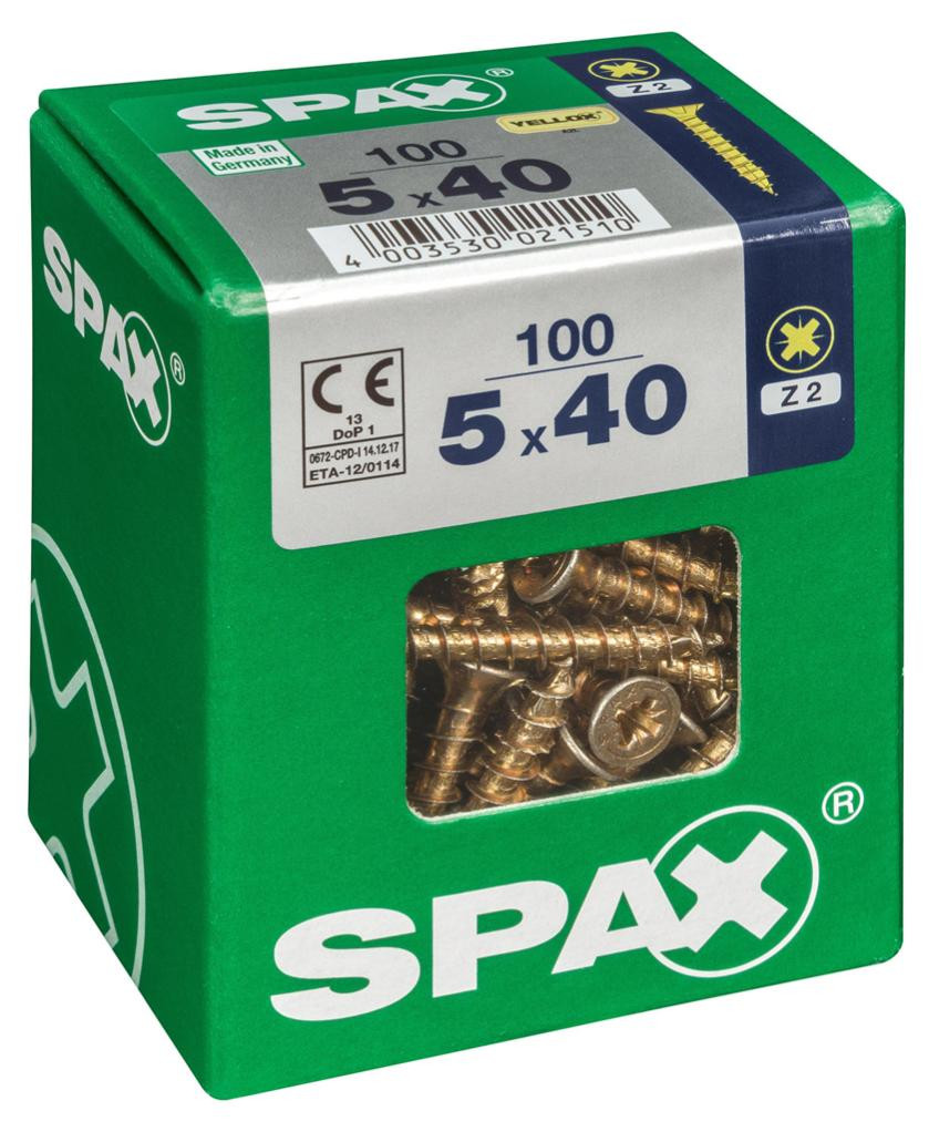 Lot de 100 vis acier tête fraisée pozidriv SPAX, Diam.5 mm x L.40 mm