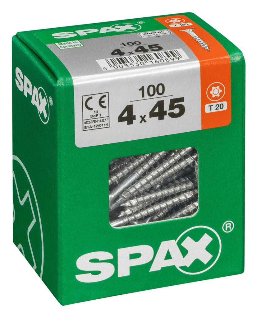Lot de 100 vis acier tête fraisée torx SPAX, Diam.4 mm x L.45 mm