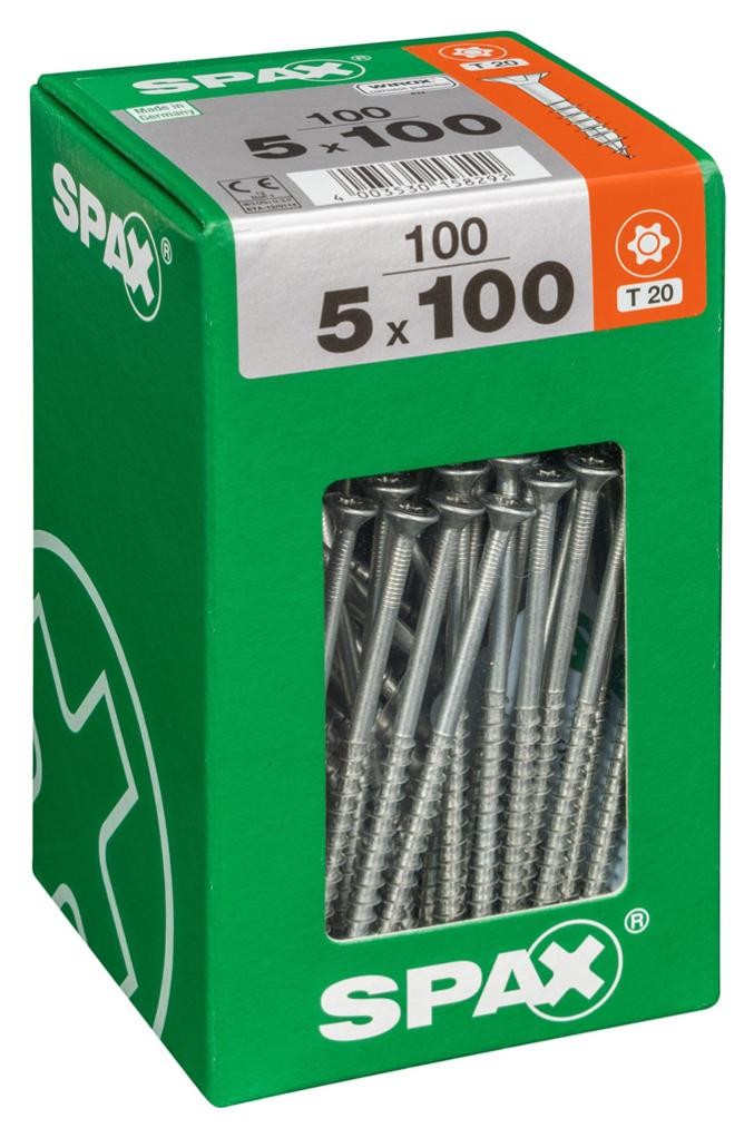 Lot de 100 vis acier tête fraisée torx SPAX, Diam.5 mm x L.100 mm