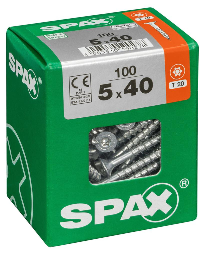Lot de 100 vis acier tête fraisée torx SPAX, Diam.5 mm x L.40 mm