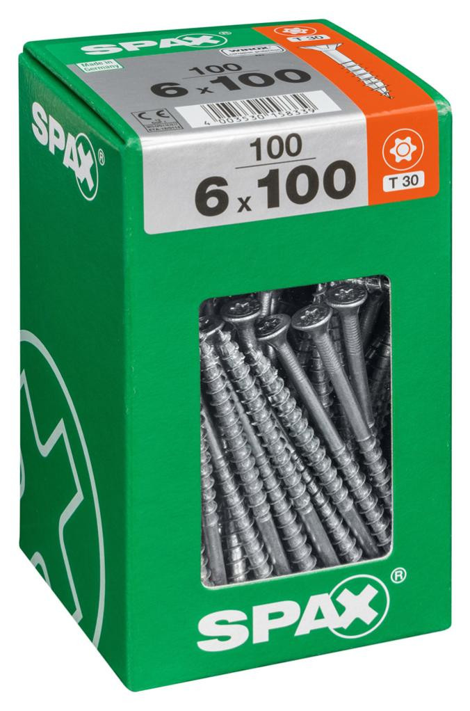 Lot de 100 vis acier tête fraisée torx SPAX, Diam.6 mm x L.100 mm