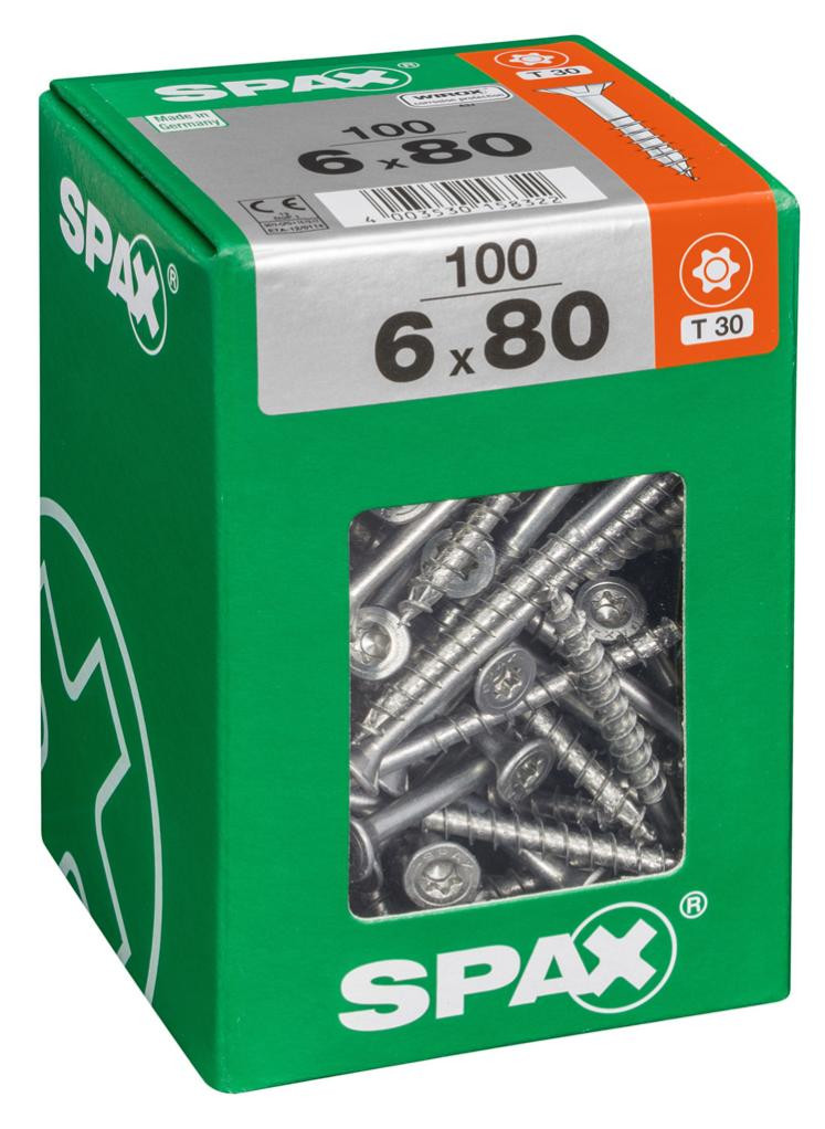 Lot de 100 vis acier tête fraisée torx SPAX, Diam.6 mm x L.80 mm