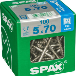 Lot de 100 vis inox tête fraisée torx SPAX, Diam.5 mm x L.70 mm