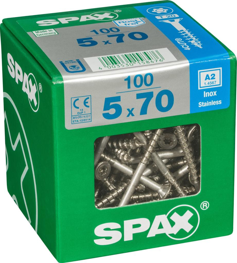 Lot de 100 vis inox tête fraisée torx SPAX, Diam.5 mm x L.70 mm