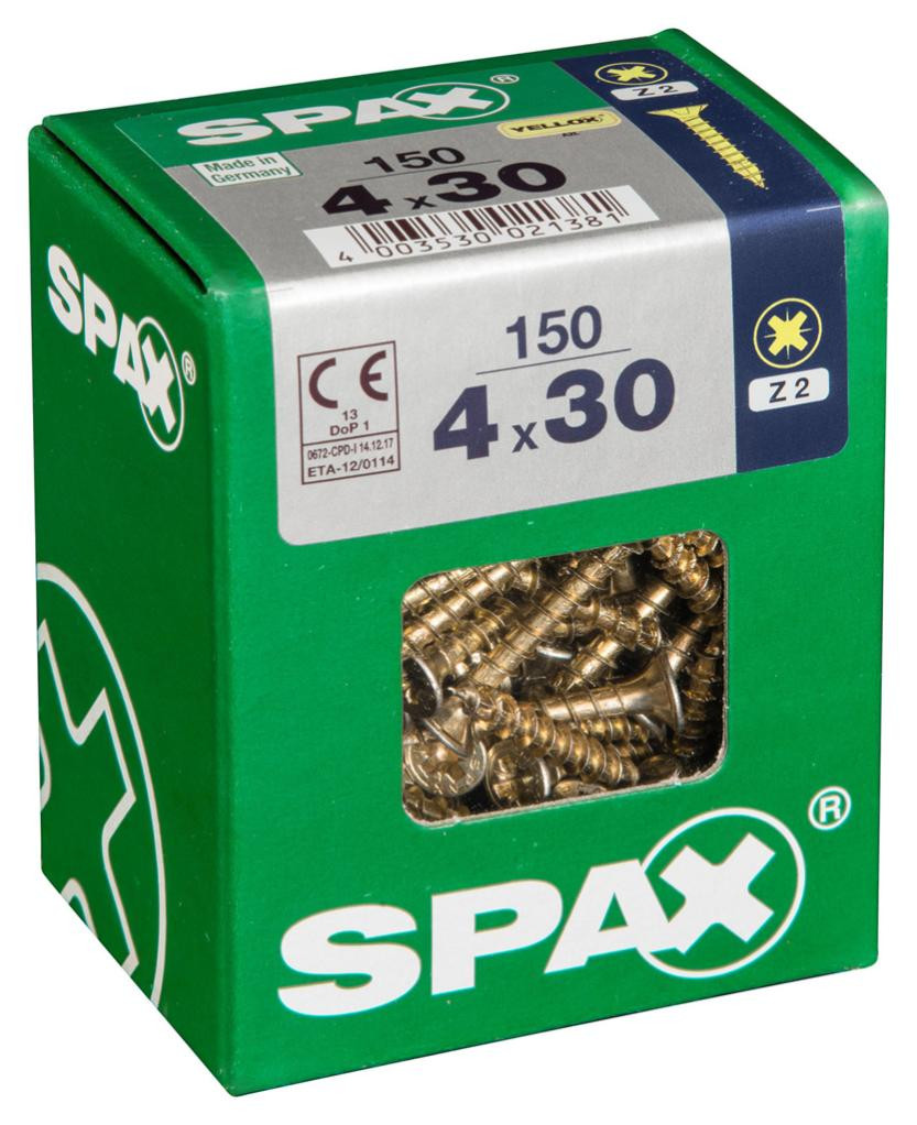 Lot de 150 vis acier tête fraisée pozidriv SPAX, Diam.4 mm x L.30 mm