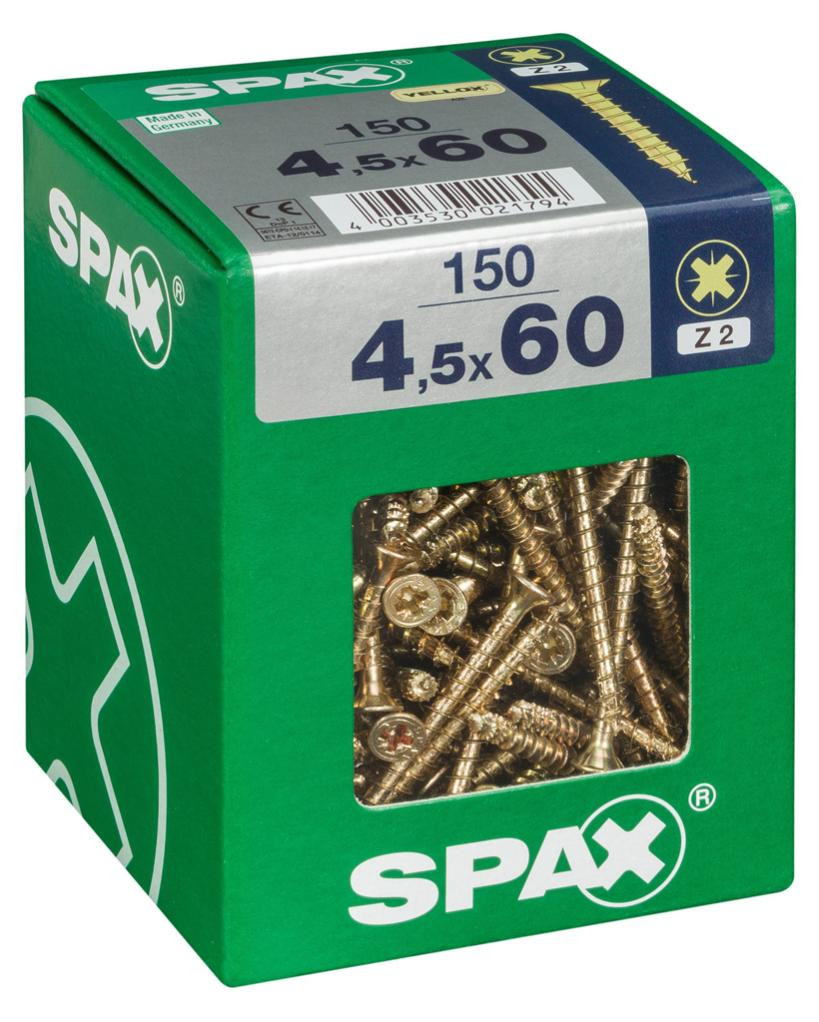 Lot de 150 vis acier tête fraisée pozidriv SPAX, Diam.4.5 mm x L.60 mm
