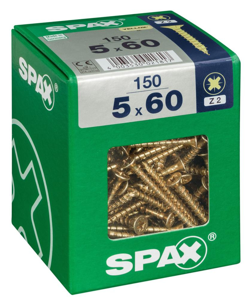 Lot de 150 vis acier tête fraisée pozidriv SPAX, Diam.5 mm x L.60 mm