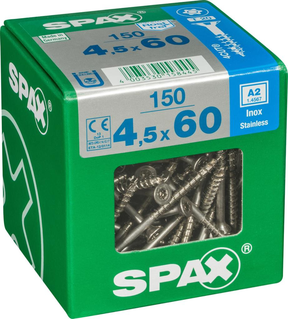Lot de 150 vis inox tête fraisée torx SPAX, Diam.4.5 mm x L.60 mm