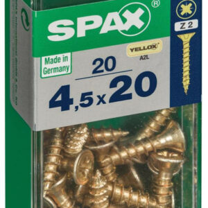 Lot de 20 vis acier tête fraisée pozidriv SPAX, Diam.4.5 mm x L.20 mm