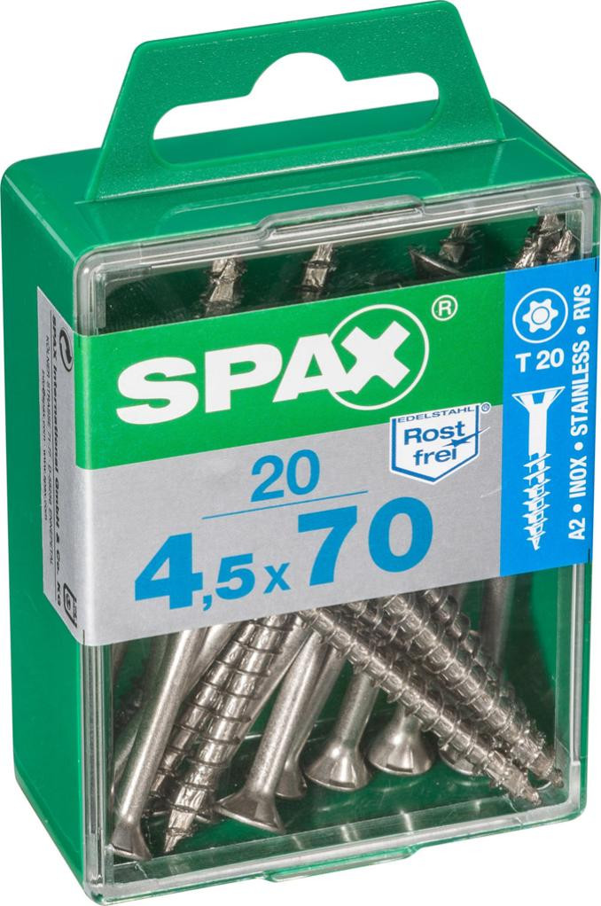 Lot de 20 vis inox tête fraisée torx SPAX, Diam.4.5 mm x L.70 mm