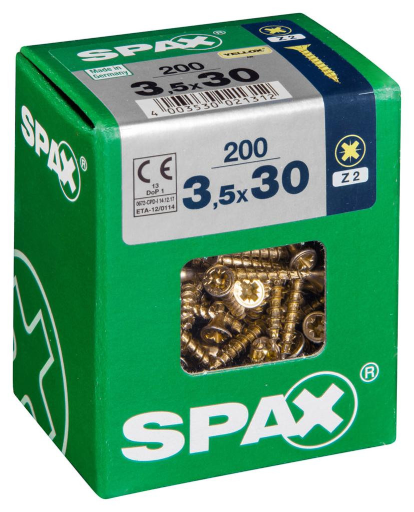 Lot de 200 vis acier tête fraisée pozidriv SPAX, Diam.3.5 mm x L.30 mm