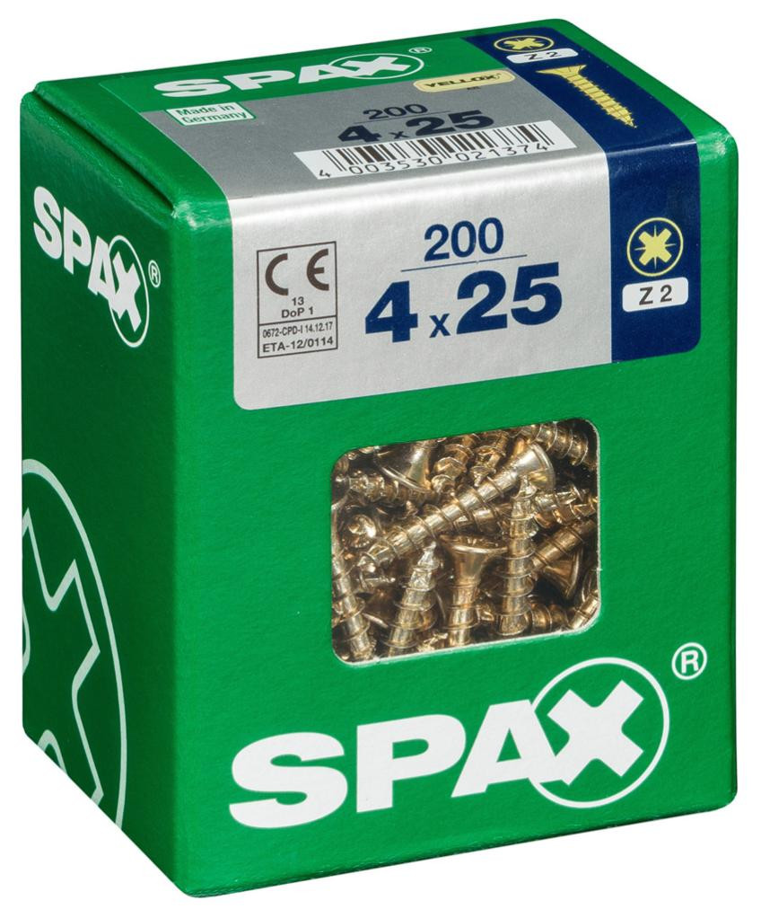 Lot de 200 vis acier tête fraisée pozidriv SPAX, Diam.4 mm x L.25 mm
