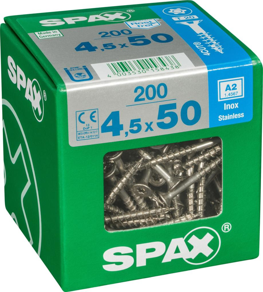 Lot de 200 vis inox tête fraisée torx SPAX, Diam.4.5 mm x L.50 mm
