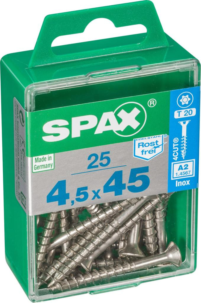 Lot de 25 vis inox tête fraisée torx SPAX, Diam.4.5 mm x L.45 mm