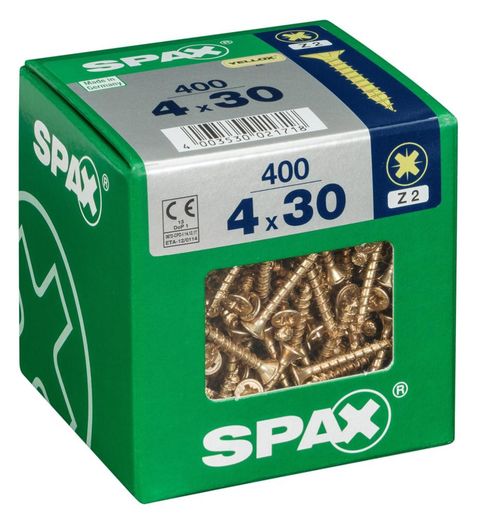 Lot de 400 vis acier tête fraisée pozidriv SPAX, Diam.4 mm x L.30 mm