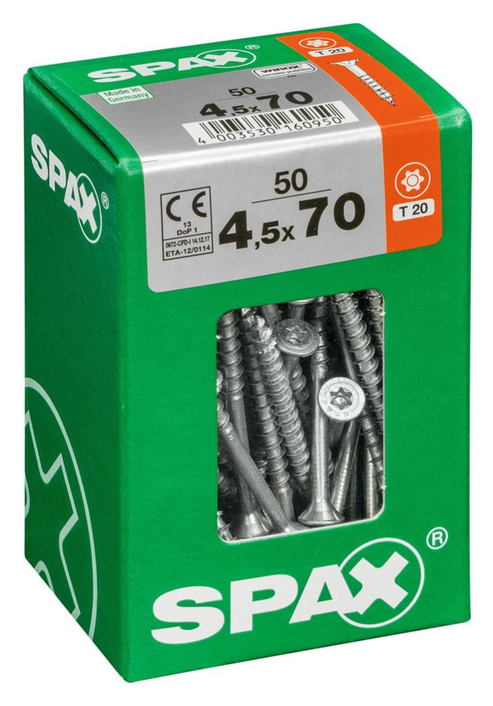 Lot de 50 vis acier tête fraisée torx SPAX, Diam.4.5 mm x L.70 mm