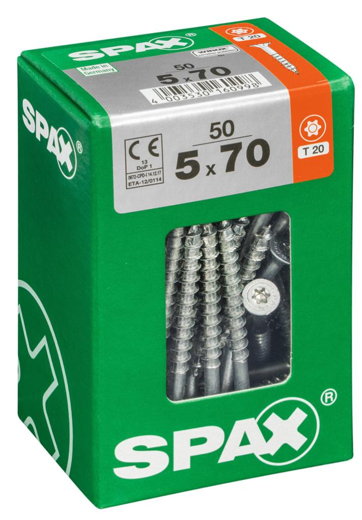 Lot de 50 vis acier tête fraisée torx SPAX, Diam.5 mm x L.70 mm