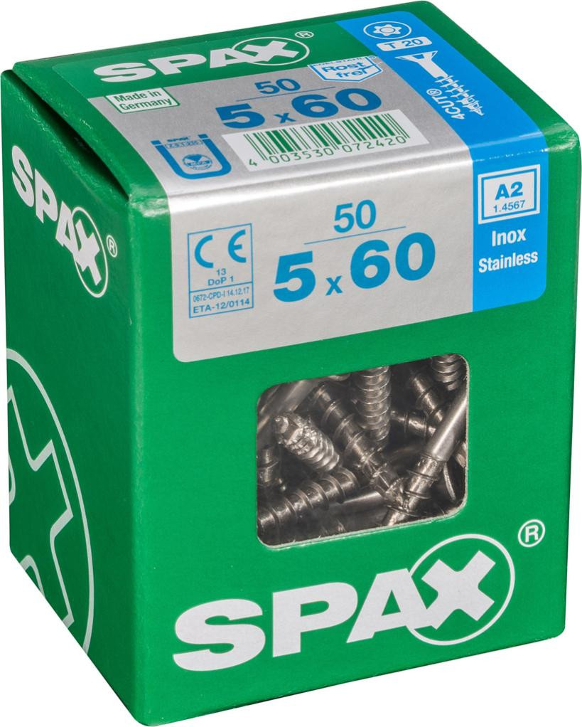 Lot de 50 vis inox tête fraisée torx SPAX, Diam.5 mm x L.60 mm