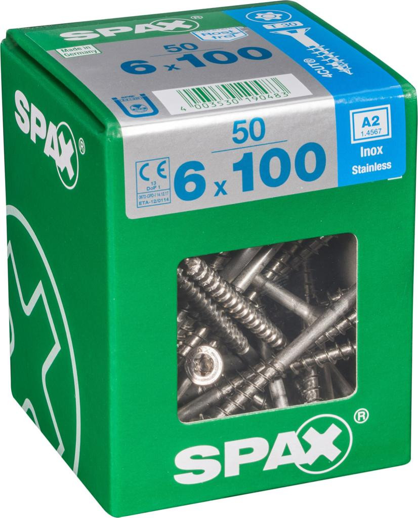 Lot de 50 vis inox tête fraisée torx SPAX, Diam.6 mm x L.100 mm