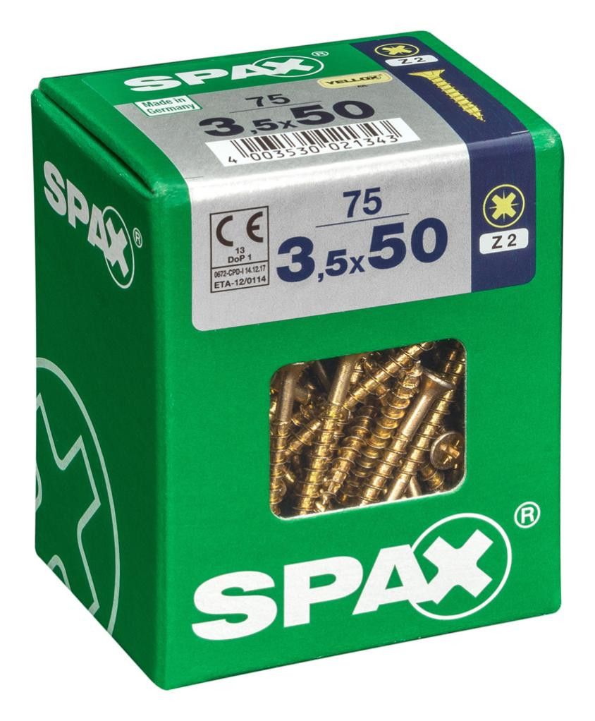 Lot de 75 vis acier tête fraisée pozidriv SPAX, Diam.3.5 mm x L.50 mm