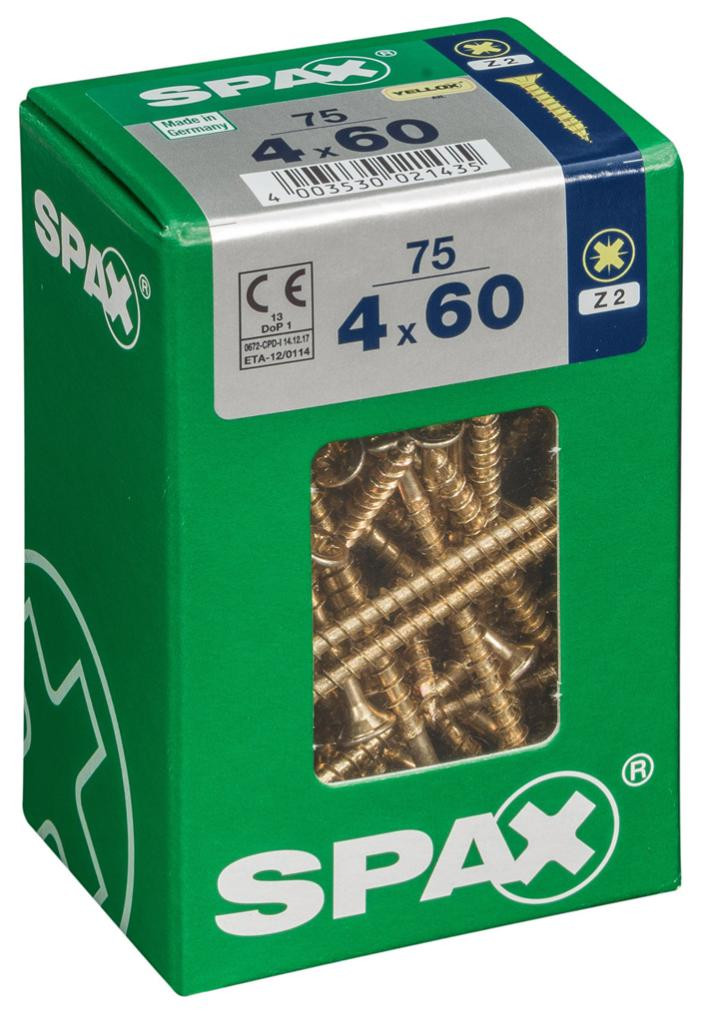 Lot de 75 vis acier tête fraisée pozidriv SPAX, Diam.4 mm x L.60 mm