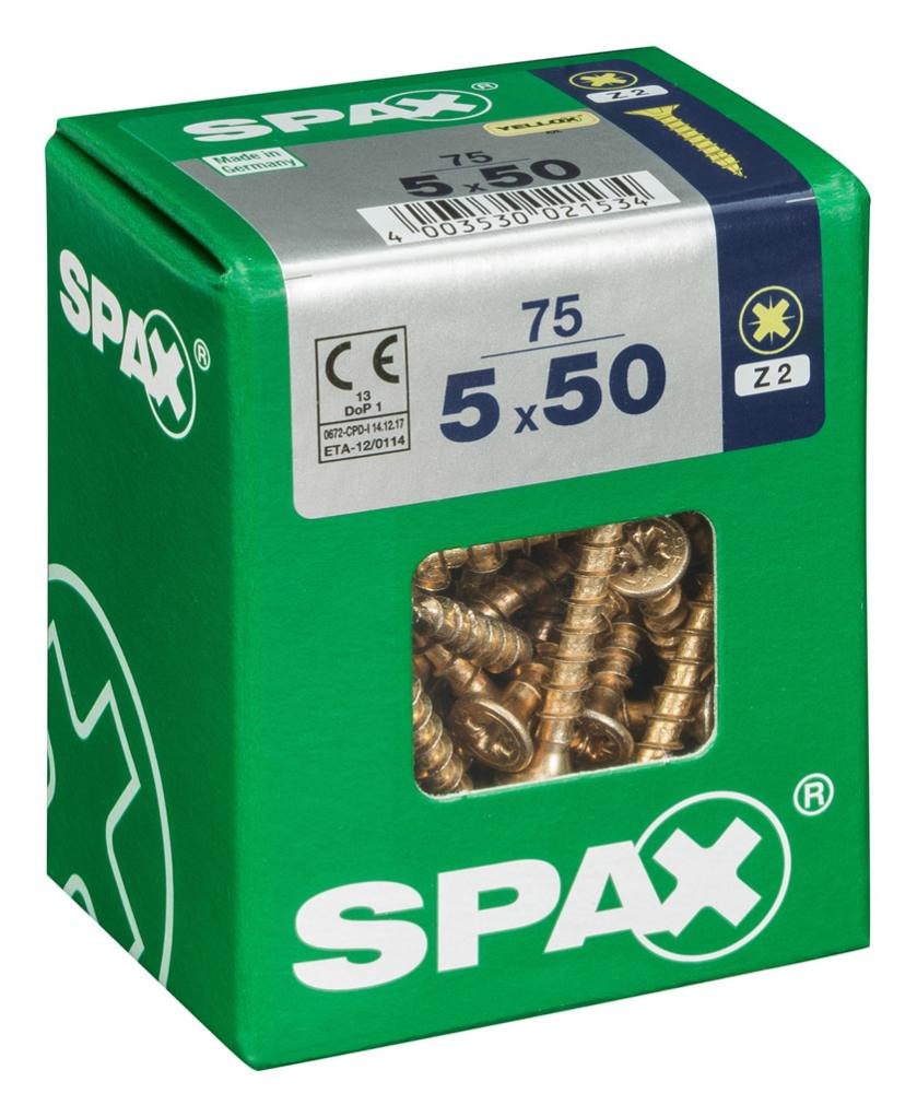 Lot de 75 vis acier tête fraisée pozidriv SPAX, Diam.5 mm x L.50 mm