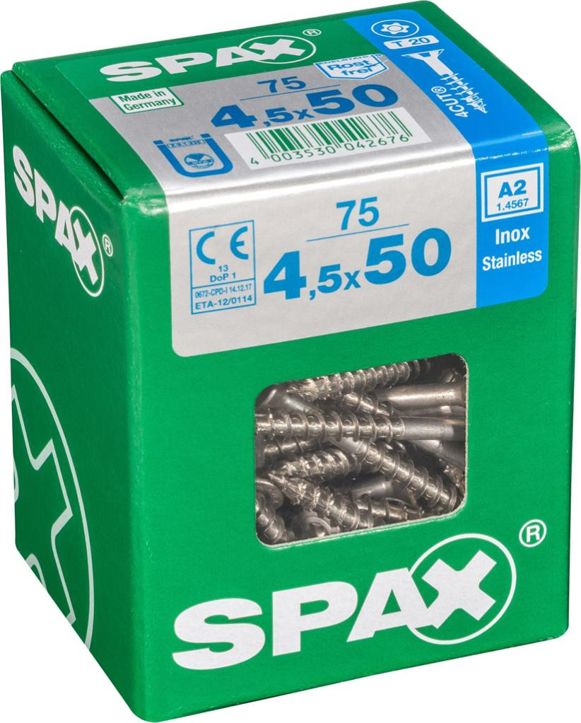 Lot de 75 vis inox tête fraisée torx SPAX, Diam.4.5 mm x L.50 mm