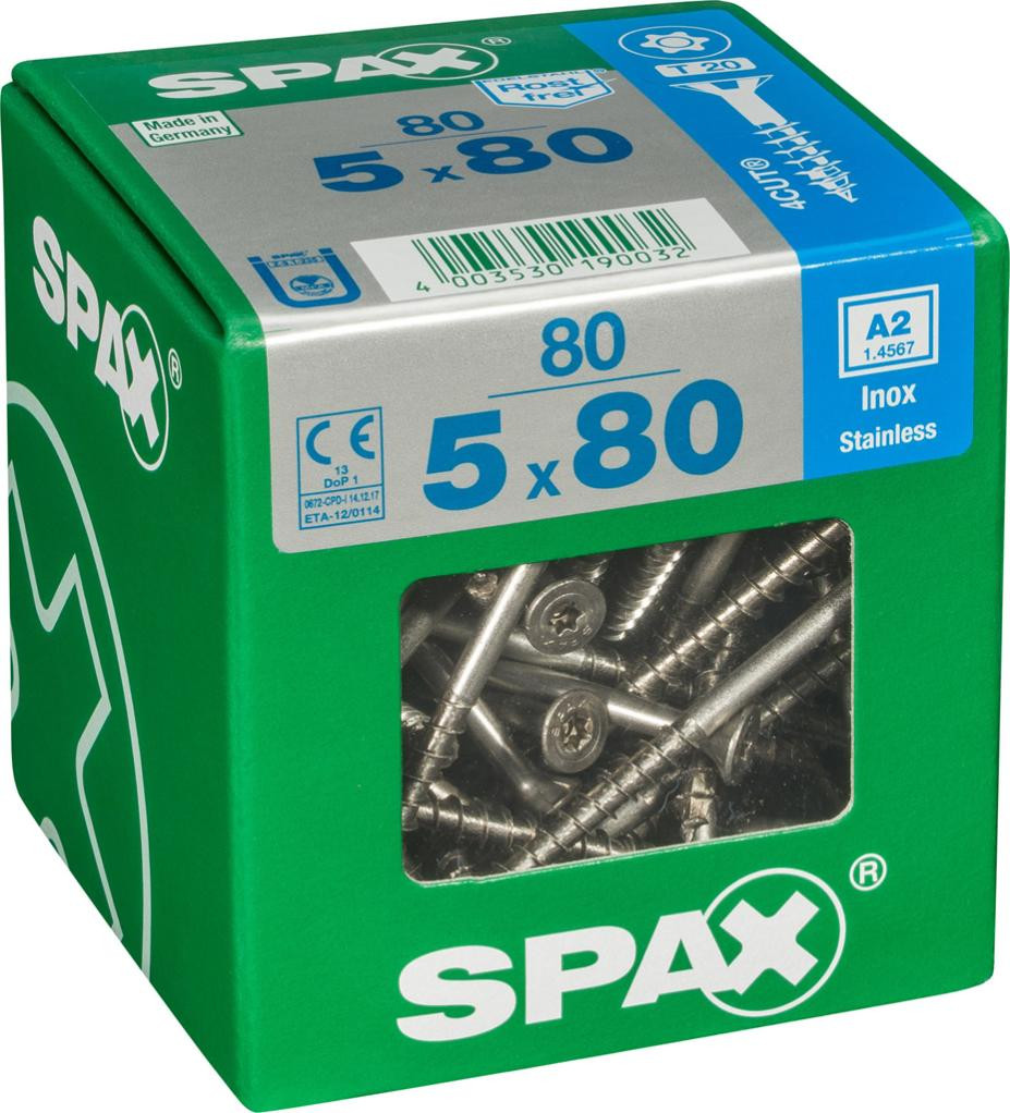 Lot de 80 vis inox tête fraisée torx SPAX, Diam.5 mm x L.80 mm