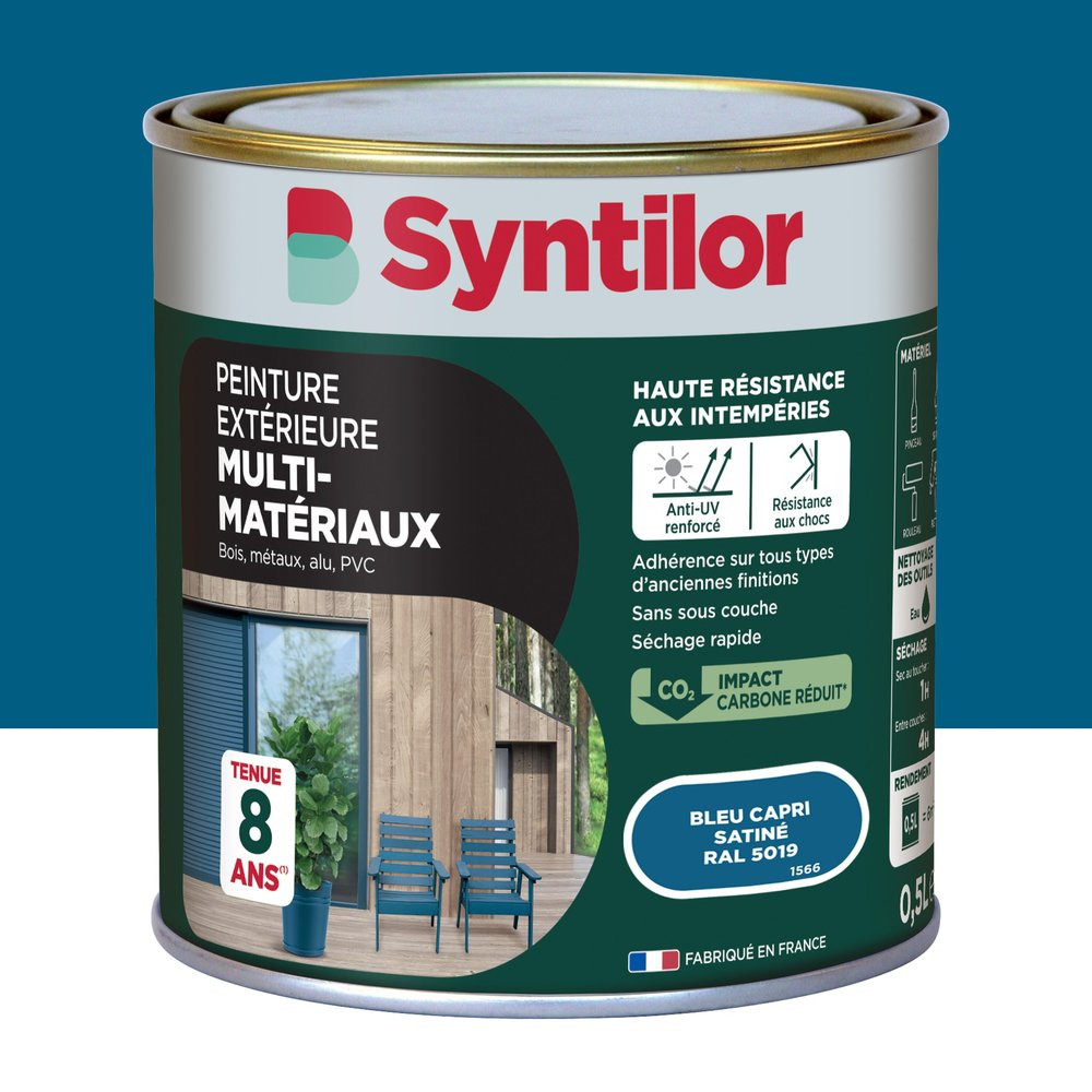 Peinture exterieure bois, aluminium, pvc . SYNTILOR bleu capri satine 0.5l