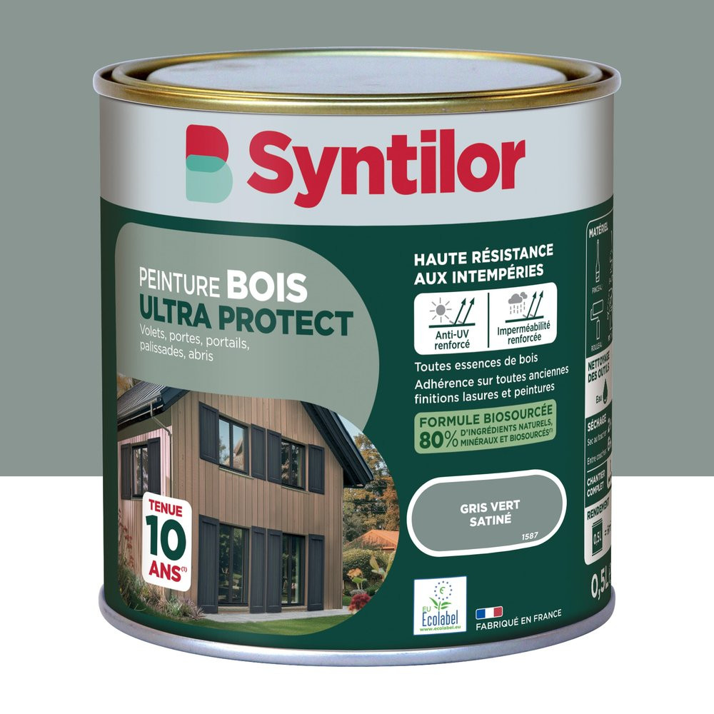 Peinture exterieure bois Ultra protect SYNTILOR gris vert satine 0.5l