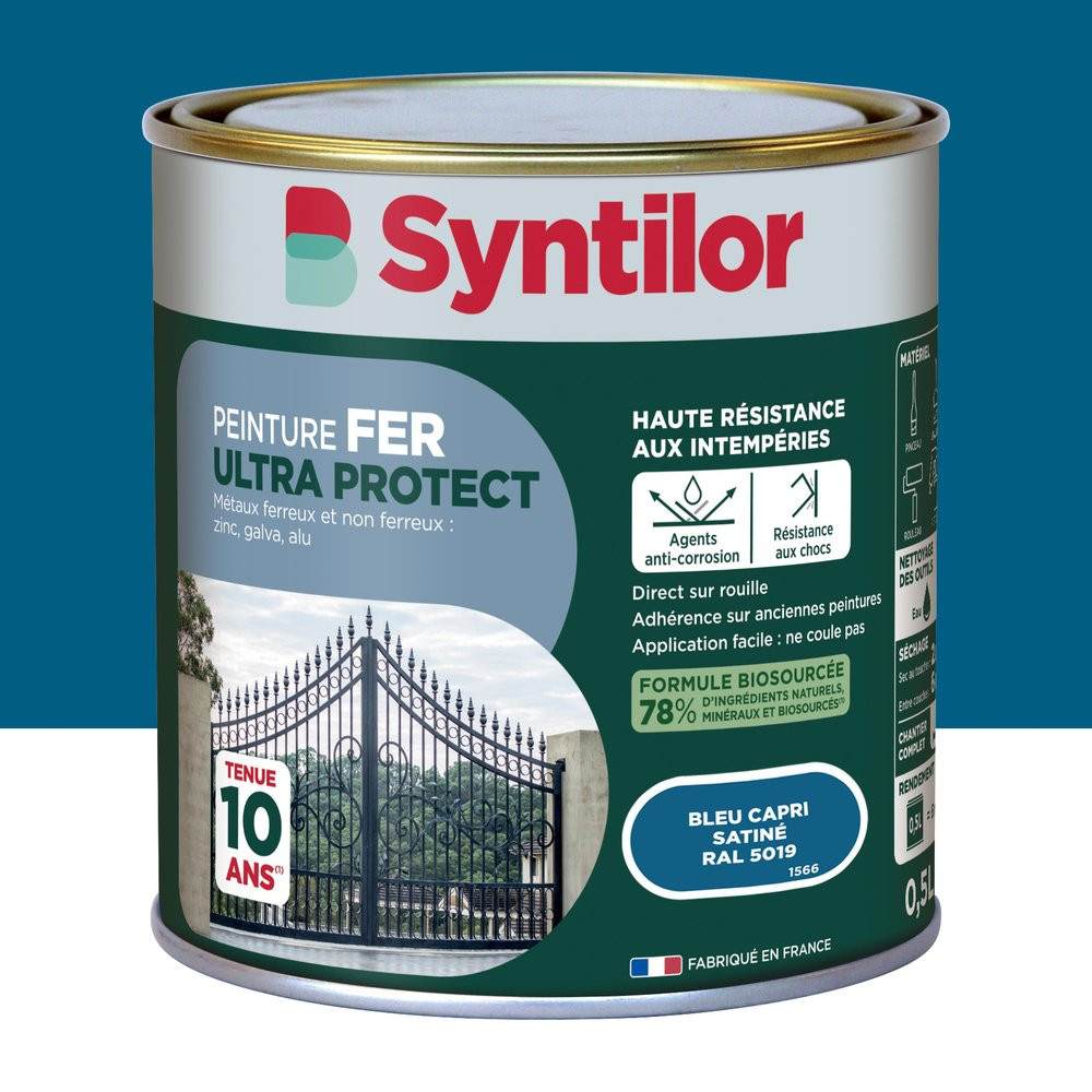 Peinture exterieure fer, alu Ultra protect SYNTILOR bleu capri satine 0.5l