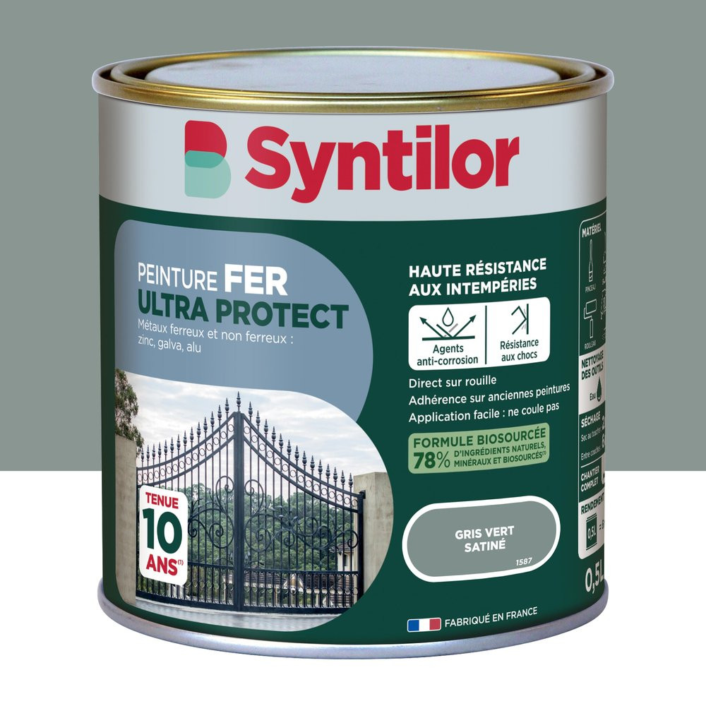 Peinture exterieure fer, aluminium Ultra protect SYNTILOR gris vert satine 0.5l