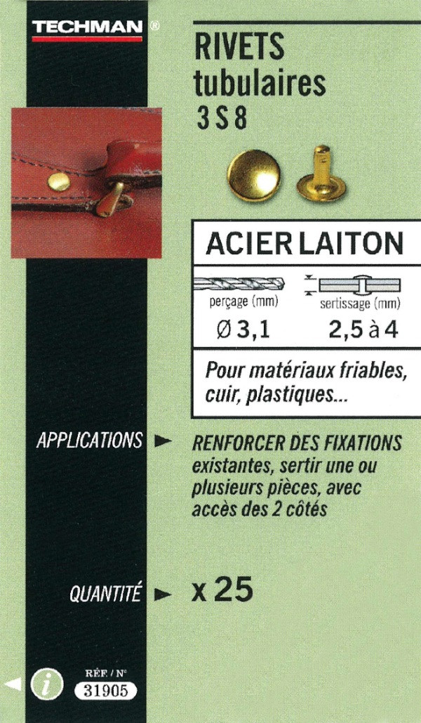 25 rivets tubulaires acier / laiton Ø 8 x 12 mm